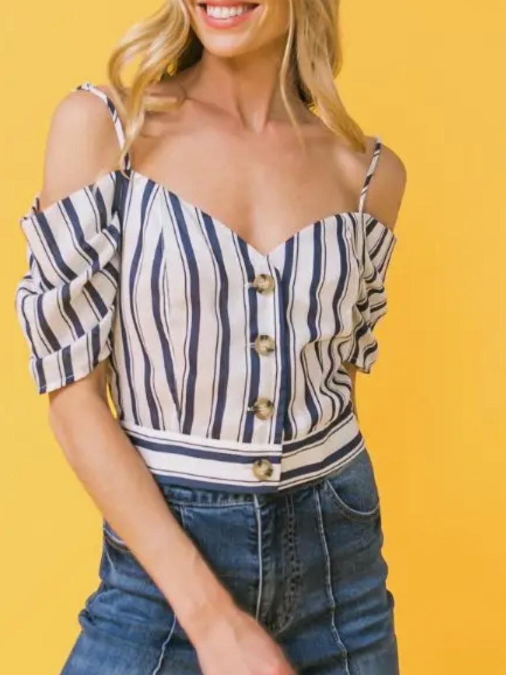 Flying Tomato Navy & White Striped Cold-Shoulder Crop Top